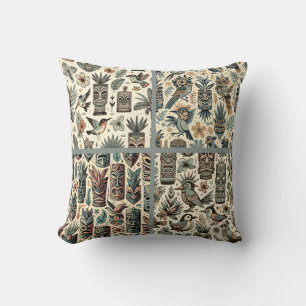 Vintage Tropische Tiki-Masken und Vögel Grau Grün Kissen