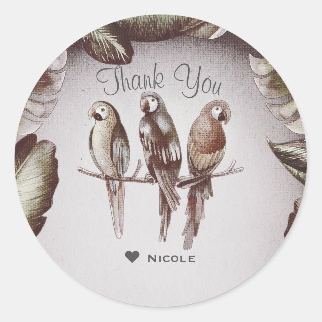 Vintage tropische Tiki-Vogelparrots & Blätter Gefa Runder Aufkleber (Vorderseite)