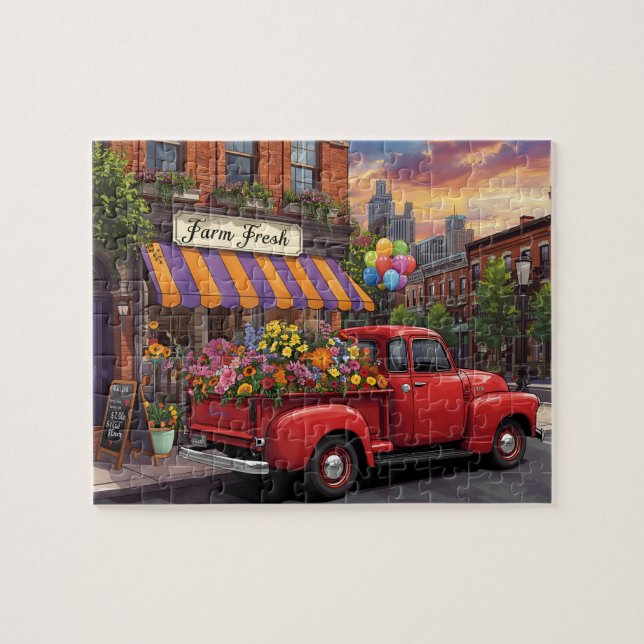 Vintage Truck Flower Delivery City Puzzle (Horizontal)