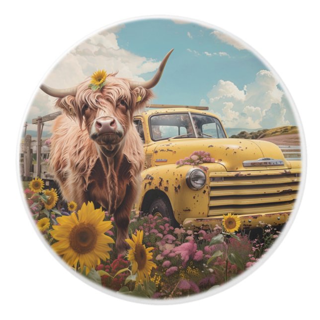  Vintage Truck  Highland Cow Sunflowers  Keramikknauf (Vorderseite)