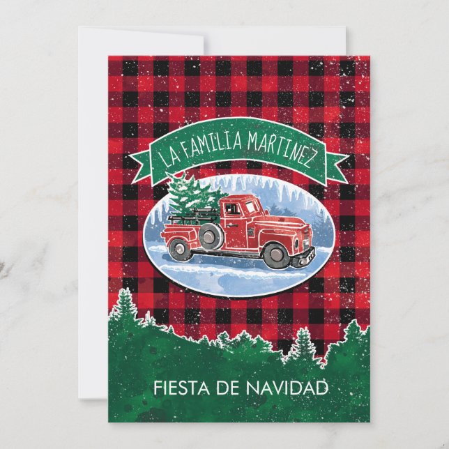 Vintage Truck Plaid Spanish Christmas Party Einladung (Vorderseite)