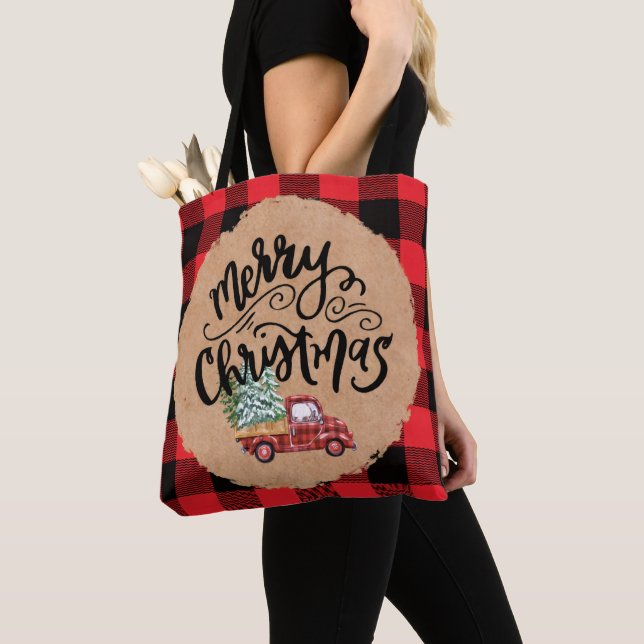 Vintage Truck Script Christmas Buffalo Plaid Tote (Von Nahem)