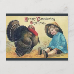 Vintage Truthahn und Kind mit Hut Thanksgiving Postkarte