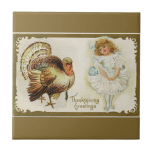 Vintage-Truthahn und kleines Mädchen Gold Fliese