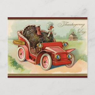 Vintage Truthähne fahren im Auto zum Erntedankfest Postkarte