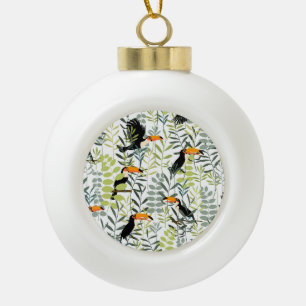Vintage-Tukanmuster mit grünen Blättern Keramik Kugel-Ornament
