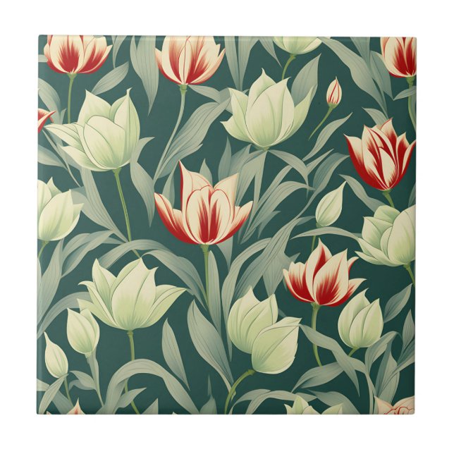 Vintage Tulips Botanisches Muster Fliese (Vorderseite)