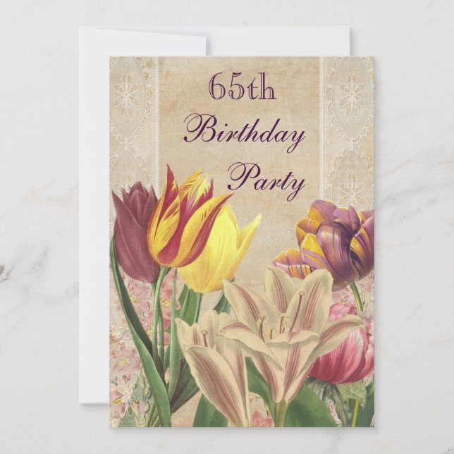 Vintage Tulips & Lilies 65. Geburtstag Einladung (Vorderseite)