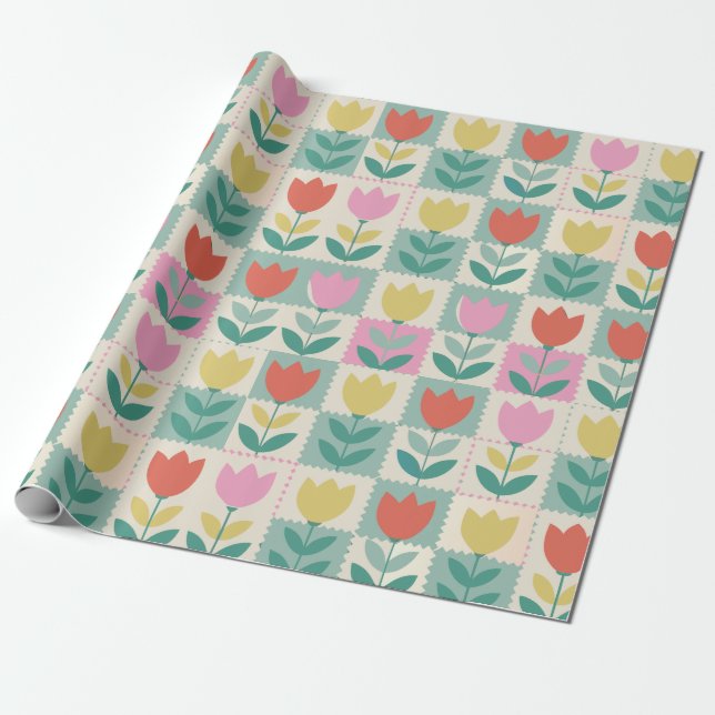 Vintage Tulips Muster Geschenkpapier (Ungerollt)