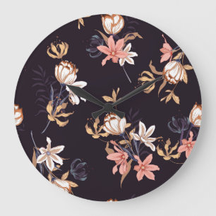 Vintage Tulpen, dunkel, lila Hintergrund Große Wanduhr