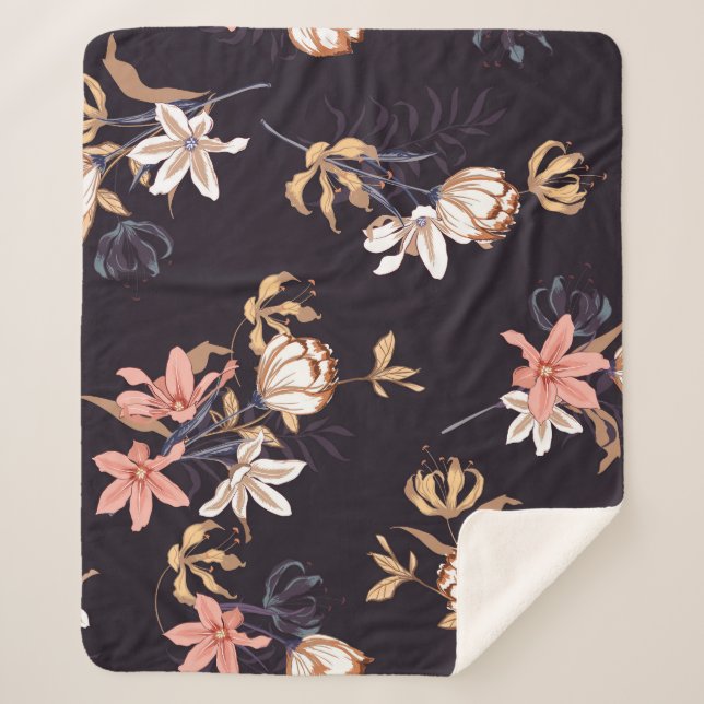 Vintage Tulpen, dunkel, lila Hintergrund Sherpadecke (Vorderseite)