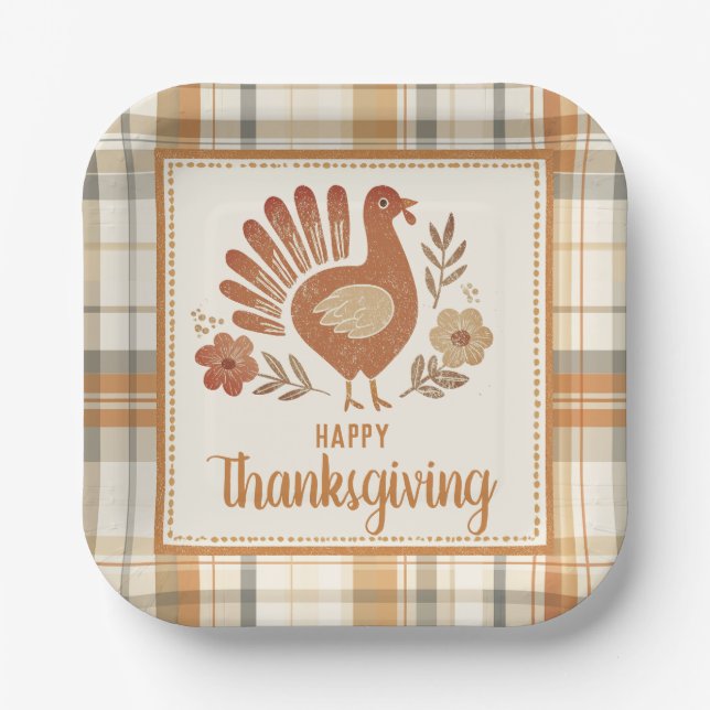 Vintage Turkey Plaid Thanksgiving Pappteller (Vorderseite)