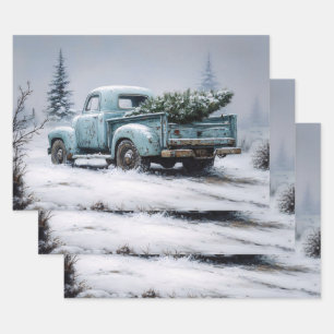 Vintage Türkis Lastwagen mit Weihnachtsbaum Geschenkpapier Set