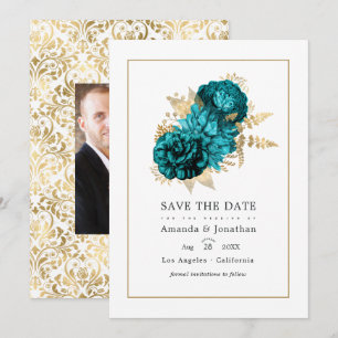 Vintage Türkis - Teal und Goldene Florale Hochzeit Save The Date