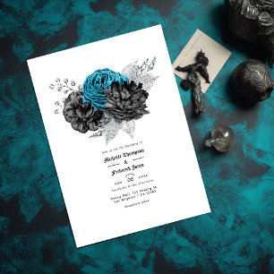 Vintage Türkis - Türkis-Schwarz und Silber-Blumenm Einladung