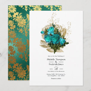 Vintage Türkis - Türkis und Goldene Florale Hochze Einladung
