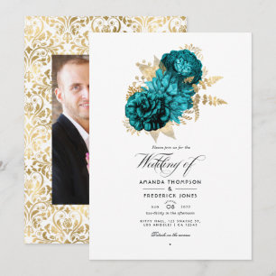 Vintage Türkis - Türkisblaue und goldene florale H Einladung