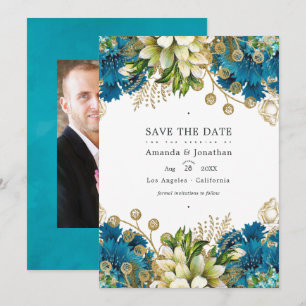 Vintage Türkis und Gold Chic Blumenhochzeit Save The Date