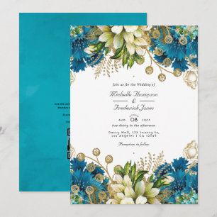 Vintage Türkis und Gold Chic Floral Hochzeitseinla Einladung