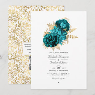 Vintage Türkis und Gold Floral QR-Code Hochzeit Einladung