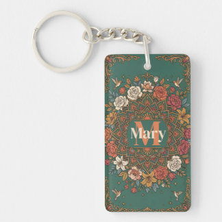 Vintage Türkisblauer Blumenmandala mit Kolibris un Schlüsselanhänger