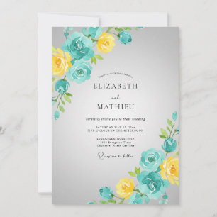 Vintage-Türkisfarben-Gelbe-Blüten-Hochzeit Einladung