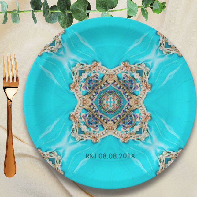 Vintage türkisfarbene Gastgeschenk Hochzeit Pappteller (vintage turquoise pattern bohemian wedding favor paper plates)