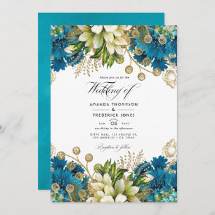 Vintage türkisfarbene Hochzeit mit goldfarbenem Ch Einladung