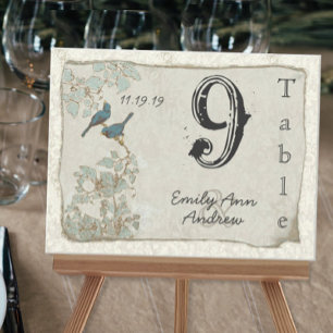 Vintage Türkisvögel Damast Hochzeit Tischnummer