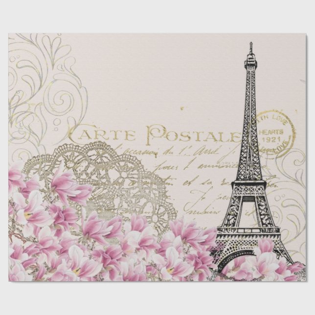 Vintage Turm-Blumenkunst-Illustration Paris Eiffel Geschenkpapier (Flach)