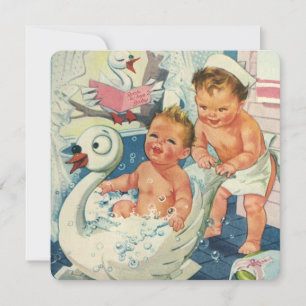 Vintage Twin Boy Swan Bubble Bath Birthday Party Einladung