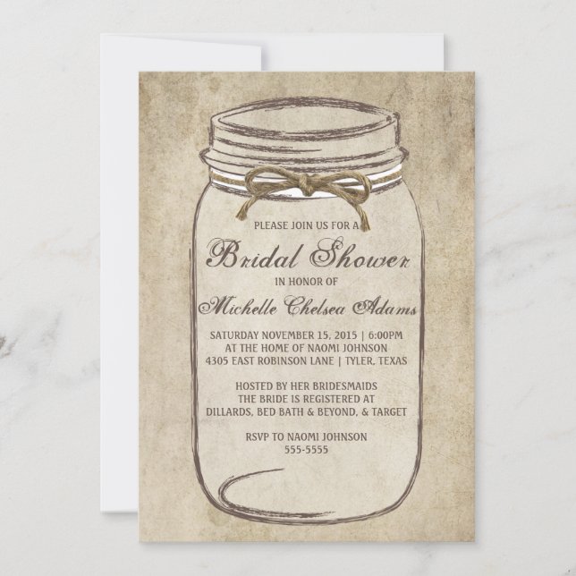 Vintage Twine Mason Jar Bridal Dusche Einladung (Vorderseite)