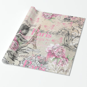 Vintage-Typo Schwarz Rosa Floral Paris Eiffelturm Geschenkpapier