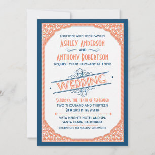 Vintage-Typografie Navyblau Korallenweiß Hochzeit Einladung