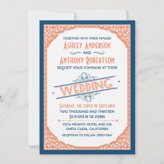 Vintage-Typografie Navyblau Korallenweiß Hochzeit Einladung