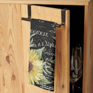 Vintage Typografie und Sonnenblumen auf schwarz Geschirrtuch