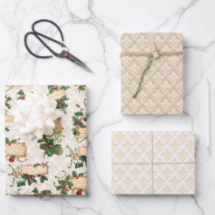 Vintage Überschriften und Grüße Holly Damaskus Geschenkpapier Set