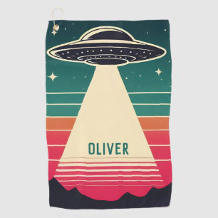 Vintage-UFO bei Sonnenuntergang Personalisiert Golfhandtuch