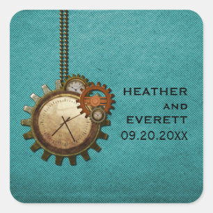 Vintage Uhr-Hochzeitskleber, Türkis Quadratischer Aufkleber