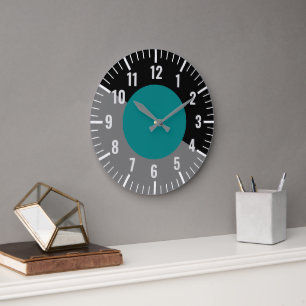 Vintage-Uhr in Teal, Schwarz und Grau mit Zahlen Große Wanduhr