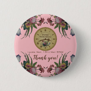 Vintage Uhr mit Blume Geburtstagsparty Button
