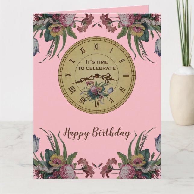 Vintage Uhr mit Blume Geburtstagsparty Karte (Vorderseite)