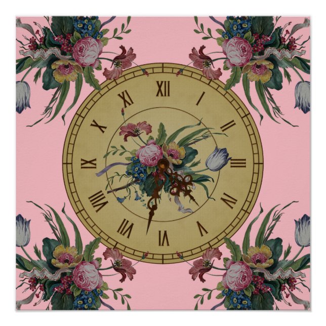 Vintage Uhr mit Blume Poster (Vorderseite)