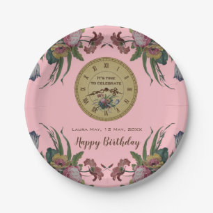 Vintage Uhr mit Blumen-Geburtstags-Party Pappteller
