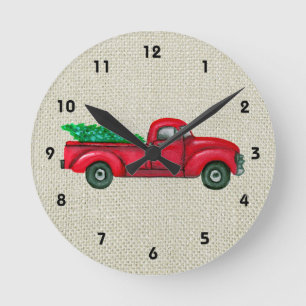 Vintage-Uhr mit rotem Lastwagen und Weihnachtsbaum Runde Wanduhr