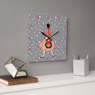 Vintage-Uhr mit Weihnachtsmädchen aus den 50er Jah Quadratische Wanduhr