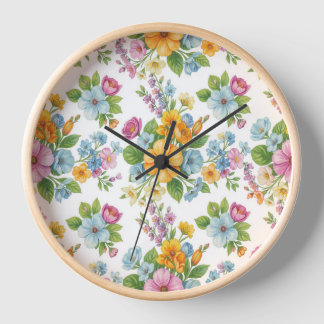 Vintage-Uhr mit Wildblumenmuster an der Holzwand Uhr