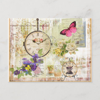Vintage-Uhr und rosa Schmetterling mit violetter B Postkarte