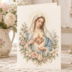 Vintage Unbeflecktes Herz Mariens Floral Katholisc Karte