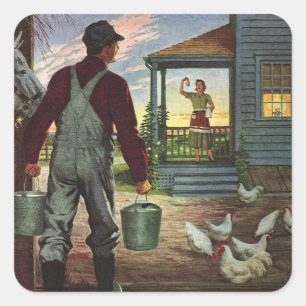 Vintage-Unternehmen, Bauernhof mit Landwirt und Hü Quadratischer Aufkleber